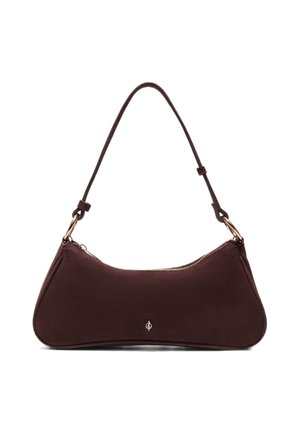 Tmavohnedá semišová kabelka na rameno s oblým obdĺžnikovým tvarom, zlatým zipsom, nastaviteľným remienkom a jemným logom v strede.