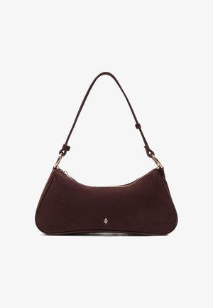 Torba na ramię ze skóry zamszowej w ciemnobrązowym kolorze o zakrzywionym prostokątnym kształcie, z zamkiem błyskawicznym w złotym odcieniu, regulowanym paskiem i subtelnym centralnym logo.