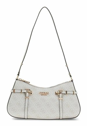 Petit sac à main gris Guess avec motif logo, détails de boucle dorée et une fine bandoulière noire.