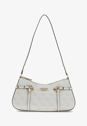 Piccola borsa Guess grigia con motivo a logo, dettagli con fibbia color oro e un singolo sottile cinturino nero da spalla.