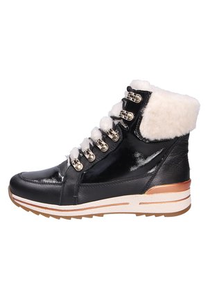 Black patent laced boot with faux fur collar, metallic hardware, and white accents. Features a textured rubber sole and contrasting beige midsole.