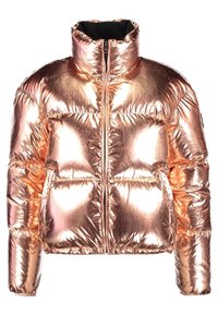 Błyszcząca metaliczna różowo-złota kurtka puchowa z wysokim kołnierzem, zamkiem z przodu, długimi rękawami i bocznymi kieszeniami, odizolowana na białym tle.