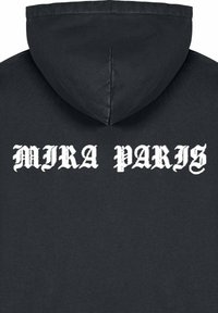 Felpa nera con cappuccio regolabile. Presenta un audace testo gotico bianco "MIRA PARIS" sul retro. Realizzata in tessuto morbido con una superficie liscia.