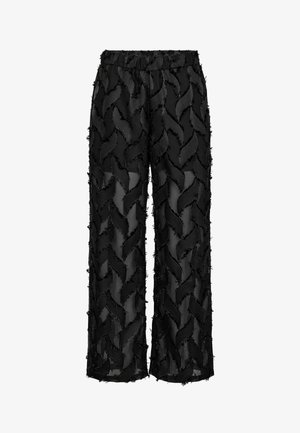 Pantaloni neri trasparenti con una texture a motivo ondulato e bordi sfilacciati. Vita elasticizzata per il massimo comfort. Design ampio e fluido.