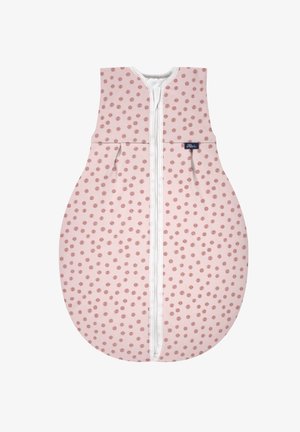 Pink sleeping bag with a polka dot pattern, featuring a central zipper and rounded shape. Made from soft fabric with a smooth texture.