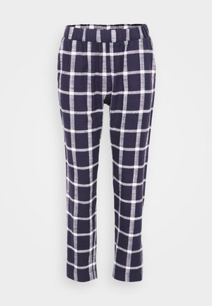 Marine ternede bukser med elastisk talje, der har hvide gitterlinjer, lige ben og en let stoftekstur.