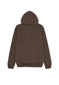 Felpa marrone con tasca a canguro, polsini e orlo in costina, e cappuccio con cordini. Tessuto liscio con un design a tinta unita.