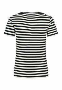 Svītrainā t-kreklu iezīmē melnbaltas horizontālās svītras, īsas piedurknes, ribota tekstūra un apaļa kakla izgriezuma forma.