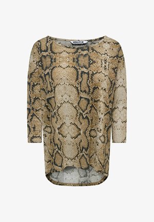Chemise à manches longues avec motif serpent marron et beige et col rond, présentant un ourlet légèrement courbé.