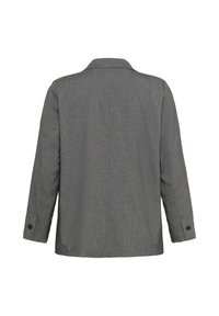 Jachetă din material texturat, gri, cu mâneci lungi, guler, manșete cu nasturi și un model cu dungi verticale, având un design simplu pe spate.
