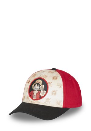 Casquette de baseball avec un schéma de couleurs rouge et noir. Présente un panneau avant crème avec un graphique de personnage et des motifs sur le thème des pirates.