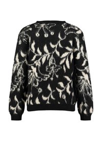 Schwarz-weißer Pullover mit floralem Muster, runder halslinie, langen Ärmeln und gerippten Bündchen. Strukturiertes Material mit weichem Finish.