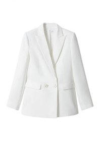 Biała dwurzędowa marynarka z klapami, długimi rękawami, dwoma przednimi kieszeniami z klapami i okrągłymi srebrnymi guzikami.