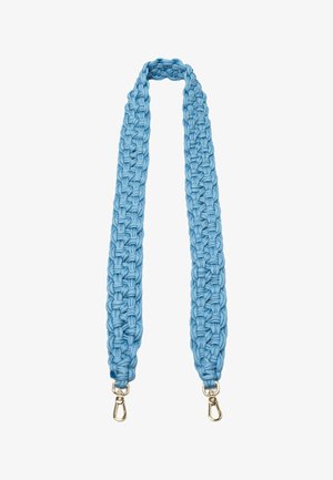 Vlechtbare schouderband in lichtblauwe stof, met metalen clips aan elk uiteinde, en een gestructureerd, geweven ontwerp over de gehele lengte.