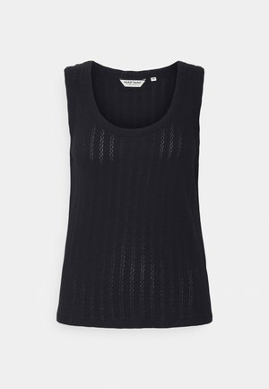 Sort ærmeløs strikket tanktop med diskret vertikalt åbent mønster og rund halsudskæring, størrelse medium.