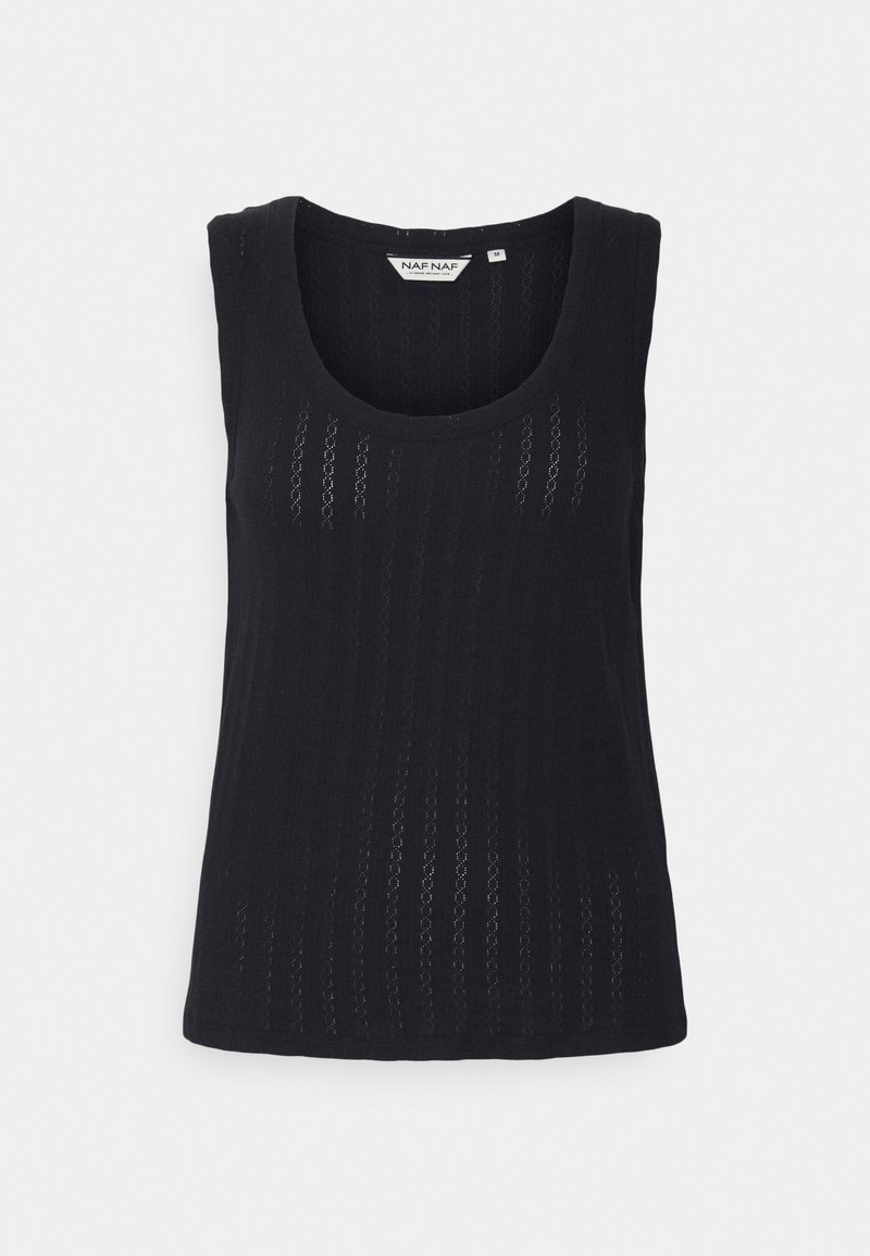 Débardeur noir sans manches en maille avec un motif ajouré vertical subtil et un col rond, taille moyenne.