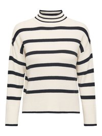 Stickad pullover med hög krage, med svarta horisontella ränder på en krämfärgad bakgrund. Långa ärmar och ribbad struktur.