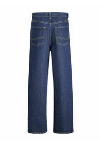 Jeans de pierna ancha de color azul oscuro con una cinturilla y dos bolsillos traseros, que presentan un elaborado cosido en los bordes de los bolsillos.