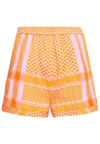 Shorts a fantasia con una combinazione di colori arancione e rosa, caratterizzati da un design a scacchi e zigzag. Realizzati in un tessuto leggero.