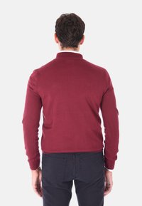 Maglione a maglia amaranto con colletto, design aderente, polsini a coste e una texture liscia. Indossato con pantaloni scuri, visualizzato da dietro.