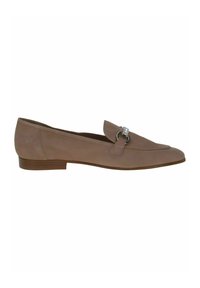 Beige leather loafers with a round toe, flat heel, and a decorative silver loop accent on the front. Smooth texture with minimal seams.