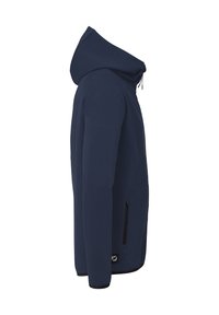 Haut à capuche bleu marine avec fermeture éclair à l'avant, capuche réglable avec cordon de serrage, poches latérales et tissu lisse et texturé. Conçu pour le confort et la chaleur.