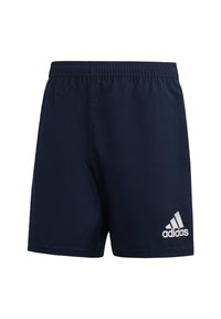 Marineblaue Sportshorts aus leichtem Material, mit einem elastischen Bund und dem weißen Adidas-Logo auf der unteren linken Vorderseite.