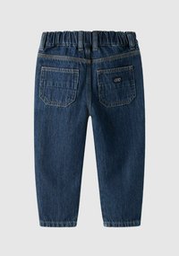 Denim pants with an elastic waistband, dark blue color, two back pockets, and contrasting stitching details. Smooth texture.