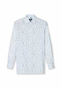Himmelblaues Langarmhemd mit einem verspielten Muster aus kleinen Skifahrern in verschiedenen Farben. Mit klassischem Kragen und Knopfverschluss.