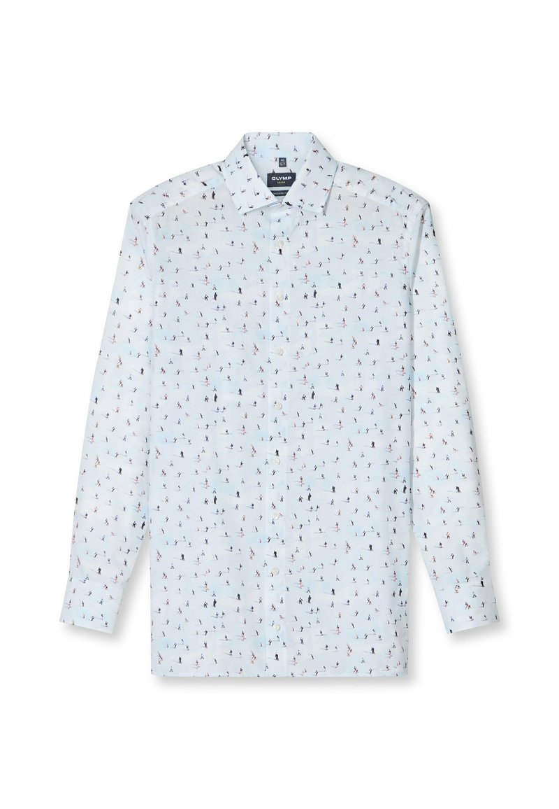 Himmelblaues Langarmhemd mit einem verspielten Muster aus kleinen Skifahrern in verschiedenen Farben. Mit klassischem Kragen und Knopfverschluss.