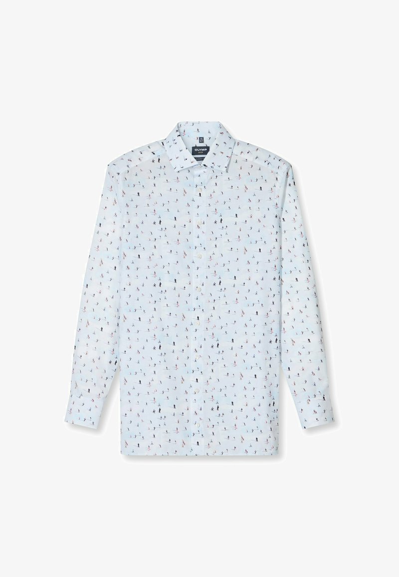 Himmelblaues Langarmhemd mit einem verspielten Muster aus kleinen Skifahrern in verschiedenen Farben. Mit klassischem Kragen und Knopfverschluss.