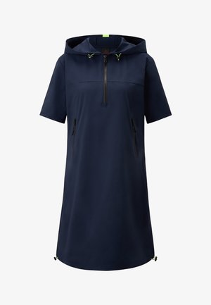 Marineblaues Kapuzenkleid mit kurzem Reißverschluss, zwei seitlichen Reißverschlusstaschen und verstellbaren Kordeln; weiche Textur mit glatter Oberfläche.