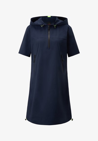 Marineblaues Kapuzenkleid mit kurzem Reißverschluss, zwei seitlichen Reißverschlusstaschen und verstellbaren Kordeln; weiche Textur mit glatter Oberfläche.
