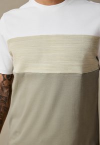 Kortærmet T-shirt i hvid med blød beige struktureret stribe over brystet, olivengrønt skær, lavet af bomuldsmateriale, afslappet pasform.