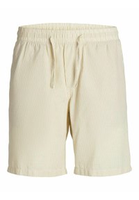 Pantalones cortos de rayas beige con cintura elástica y cordón ajustable. Fabricados con tela ligera, presentan un corte relajado y bolsillos laterales.