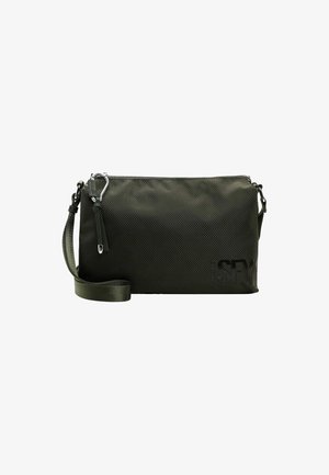 Borsa a pochette verde rettangolare in rete con superficie texturizzata, chiusura con zip, tracolla staccabile e dettaglio del logo sul davanti.