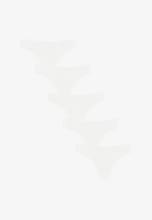 Cinque paia di mutande di cotone bianche con una texture liscia, design a vita bassa e senza motivi o dettagli visibili.