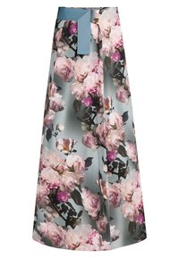 Květinová maxi sukně z lehkého materiálu s celoplošným potiskem růží v růžových a zelených odstínech, s pevným modrým opaskem a zaříznutým designem.