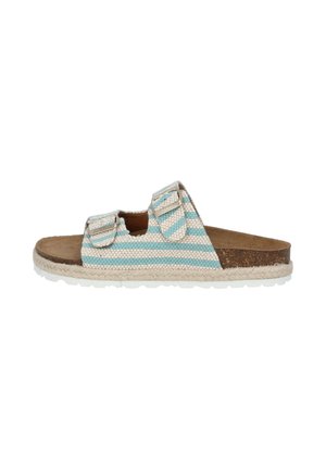 Gestreifte Sandalen mit doppelten Schnallenriemen, aus gewebtem Stoff in Blau und Weiß, mit einer Korkfußbett und einer strukturierten weißen Sohle.
