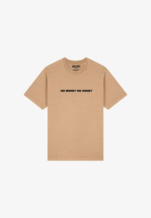 T-shirt in cotone beige con maniche corte e collo rotondo, con testo stampato in nero "NO MONEY NO HONEY" sulla parte anteriore.