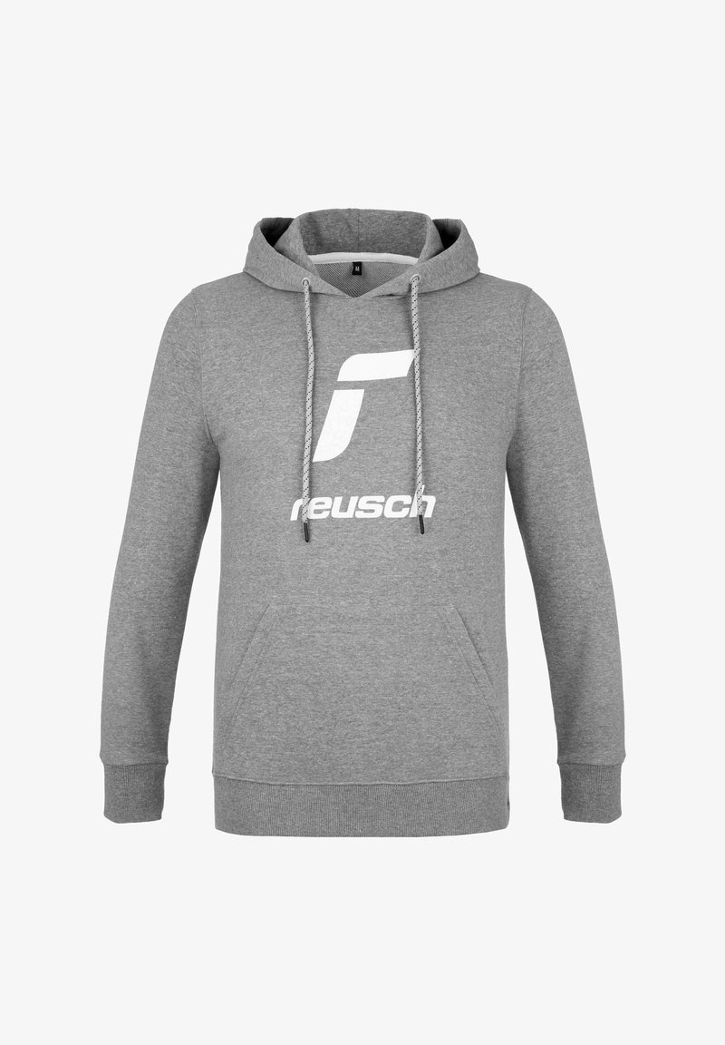 Grauer Kapuzenpullover aus weichem Material mit einer frontalen Kängurutasche, verstellbarem Kapuzenzug und einem großen weißen Logo auf der Brust.