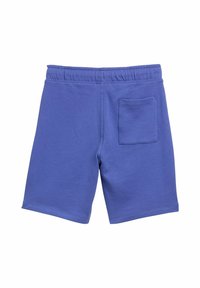 Blå bomullsshorts med elastisk midjeband och en bakficka, med en mjuk textur och avslappnad design.