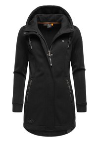 Fekete, hosszú ujjú, cipzáras dzseki magas gallérral, elülső zsebekkel, texturált anyagból készült, kötél díszítésekkel. A vállnál logó található.