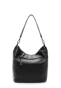 Borsa a tracolla in pelle nera con tasca frontale con zip e dettagli in argento, dotata di un'unica tracolla ampia e di una forma morbida e svasata.