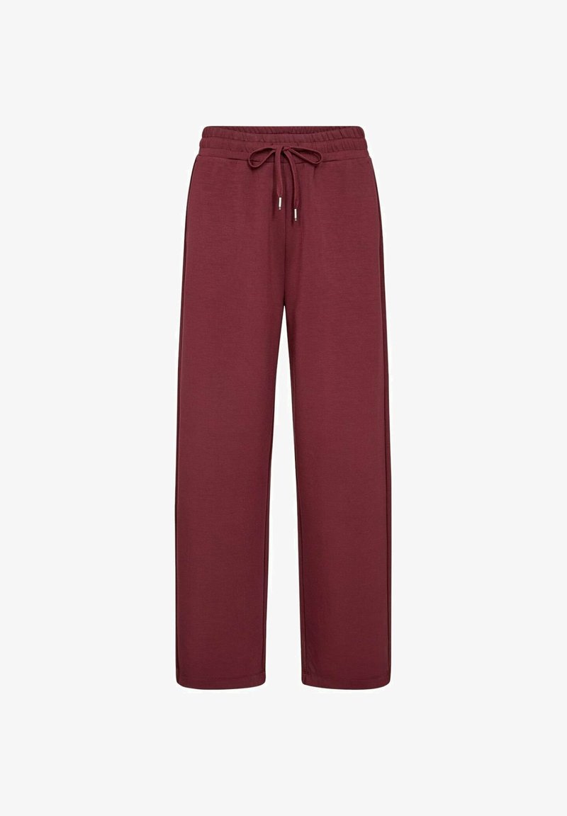 Pantalons élastiques bordeaux avec ceinture à cordon de serrage réglable, jambes droites et coupe décontractée, présentés sur un fond blanc.