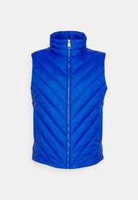 Blue puffer vest with a high collar, featuring a zip closure and diagonal chevron stitching pattern. Lightweight, smooth texture, no sleeves.