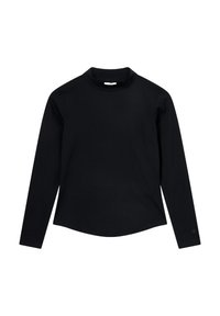 Top nero a maniche lunghe con colletto alto e rotondo. Realizzato in tessuto a coste, presenta un orlo curvo e un piccolo logo sulla manica.