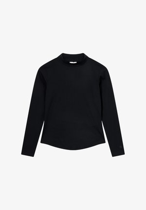 Schwarzes Langarmoberteil mit hohem, rundem Kragen. Hergestellt aus geripptem Stoff, hat es einen abgerundeten Saum und ein kleines Logo am Ärmel.