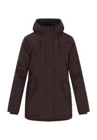 Parka marrone con cappuccio, chiusura a zip e bottoni a pressione, due tasche frontali e coulisse regolabile nel cappuccio per una vestibilità sicura.