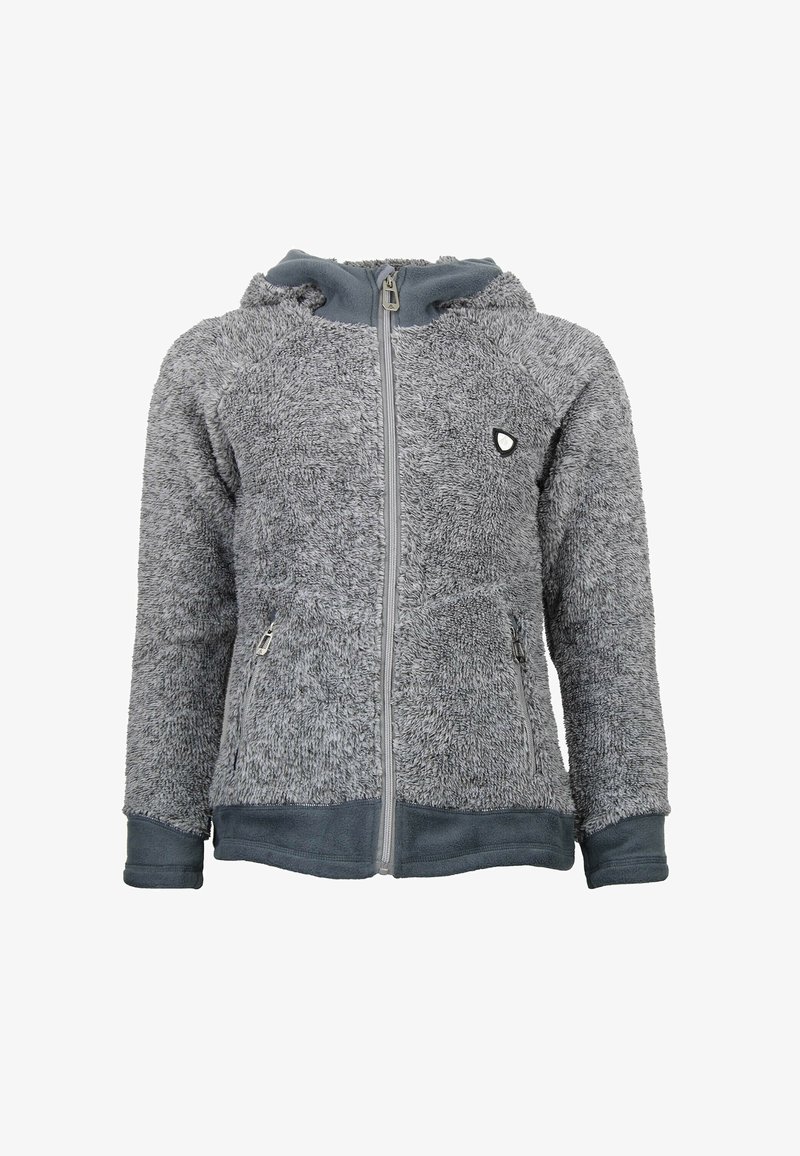 Felpa con cappuccio grigia, con zip frontale, in tessuto plush testurizzato e fodera blu nel cappuccio. Presenta tasche laterali e un accento con logo.